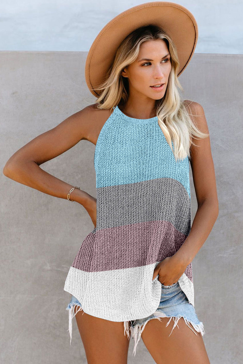 Sky Blue Color Block Striped Knit Tank Top with slender straps and a relaxed fit, perfect for casual wear.