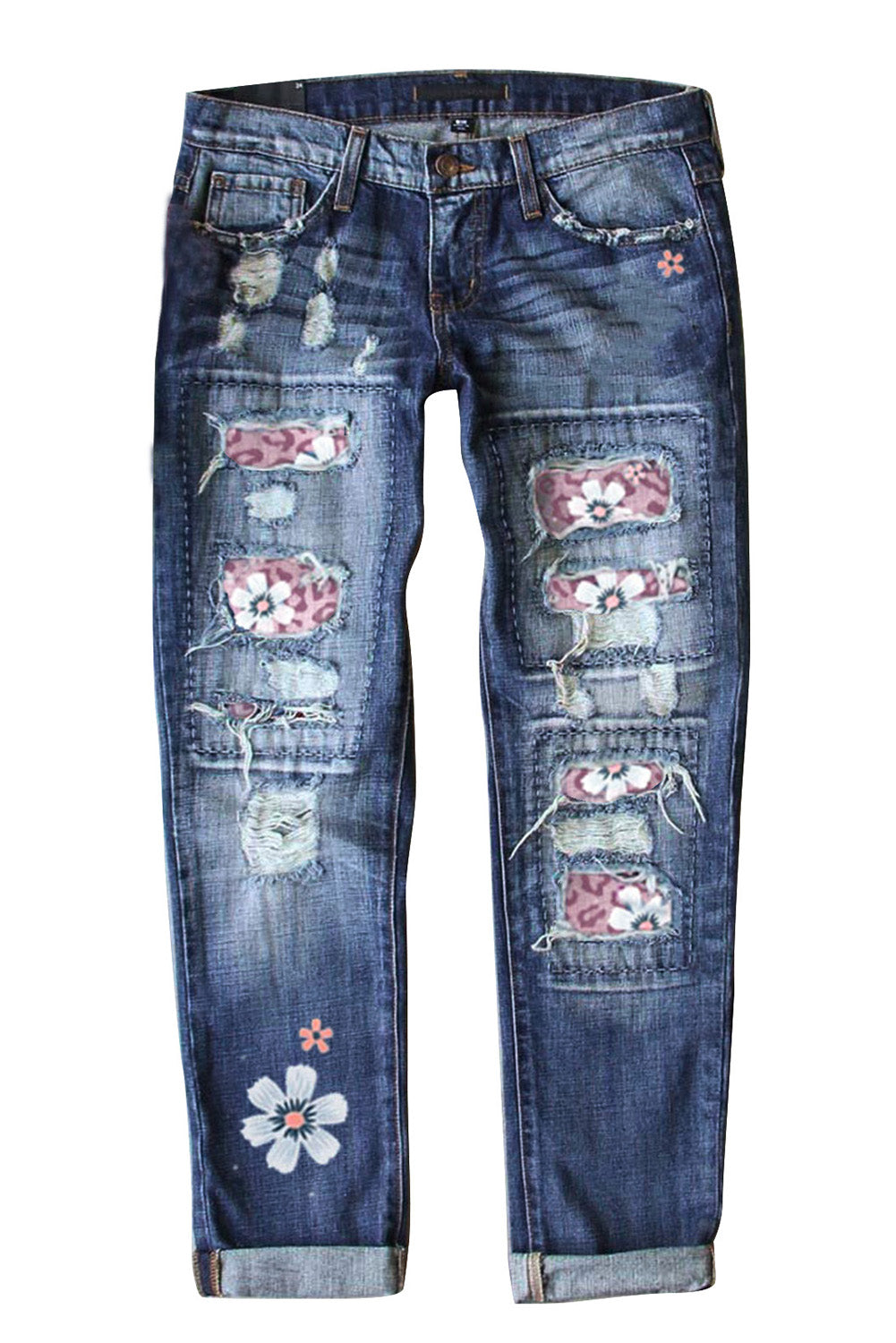 Sky Blue Floral Leopard Print Patchwork Distressed High Waist Jeans showcasing floral and leopard patterns with a trendy distressed look.