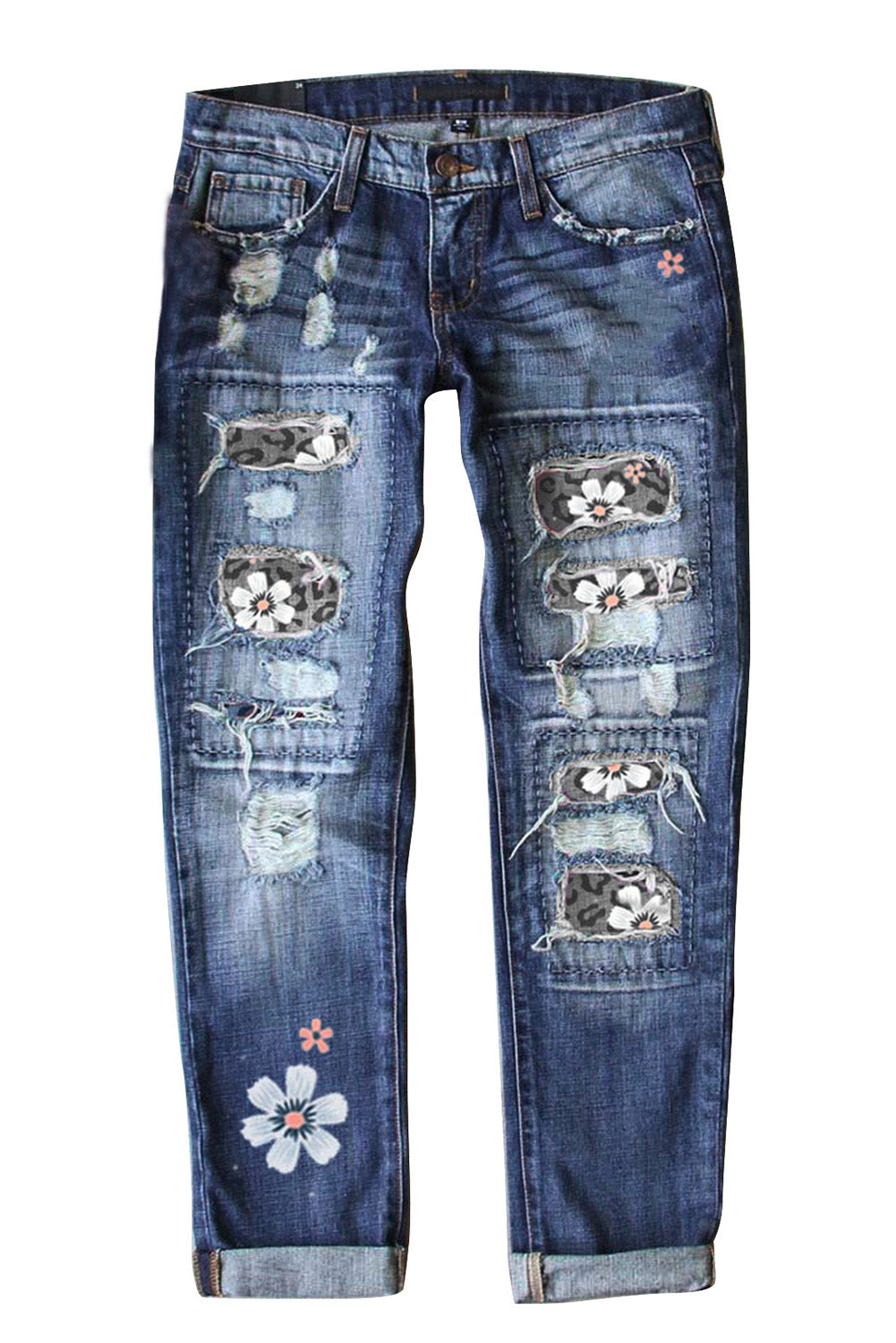 Sky Blue Floral Leopard Print Patchwork Distressed High Waist Jeans showcasing floral and leopard patterns with a trendy distressed look.