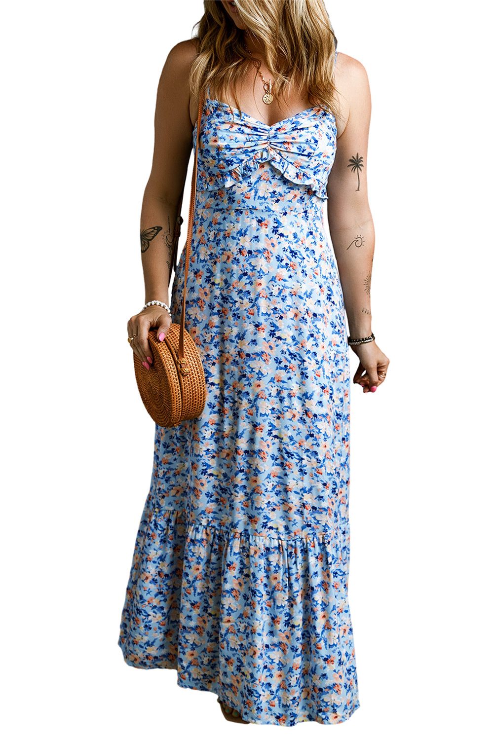 Sky Blue Floral Print Ruffled Ruched Maxi Dress displayed on a mannequin, showcasing its elegant design and vibrant floral pattern.