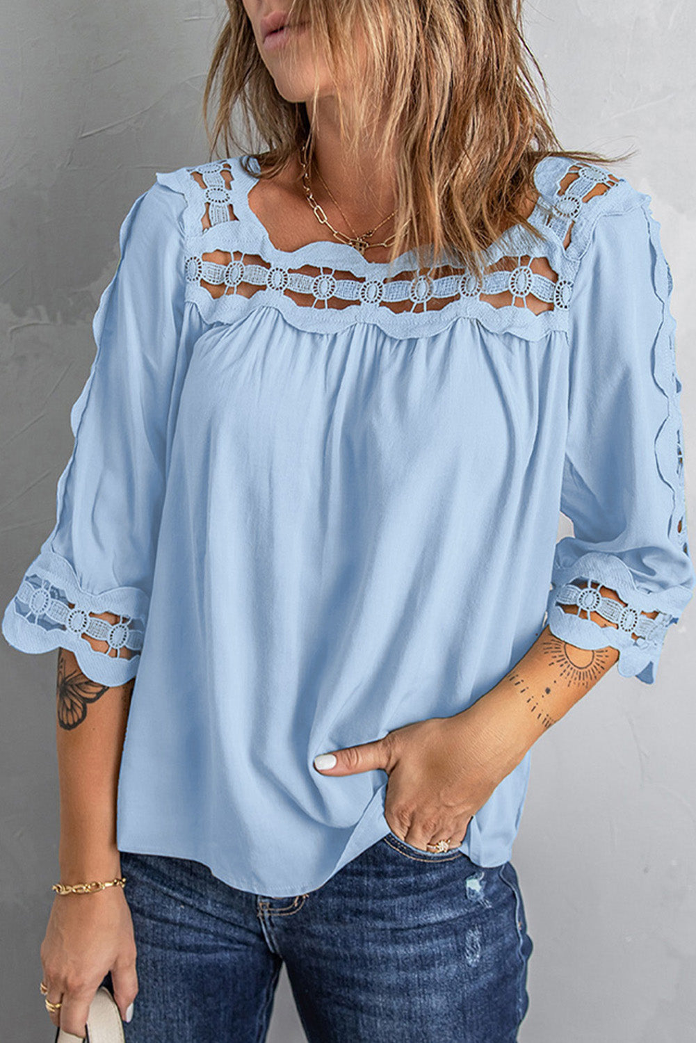 Sky Blue Green Dark Green Crochet Trim Hollow-out Blouse showcasing elegant crochet details and a stylish hollow-out design.