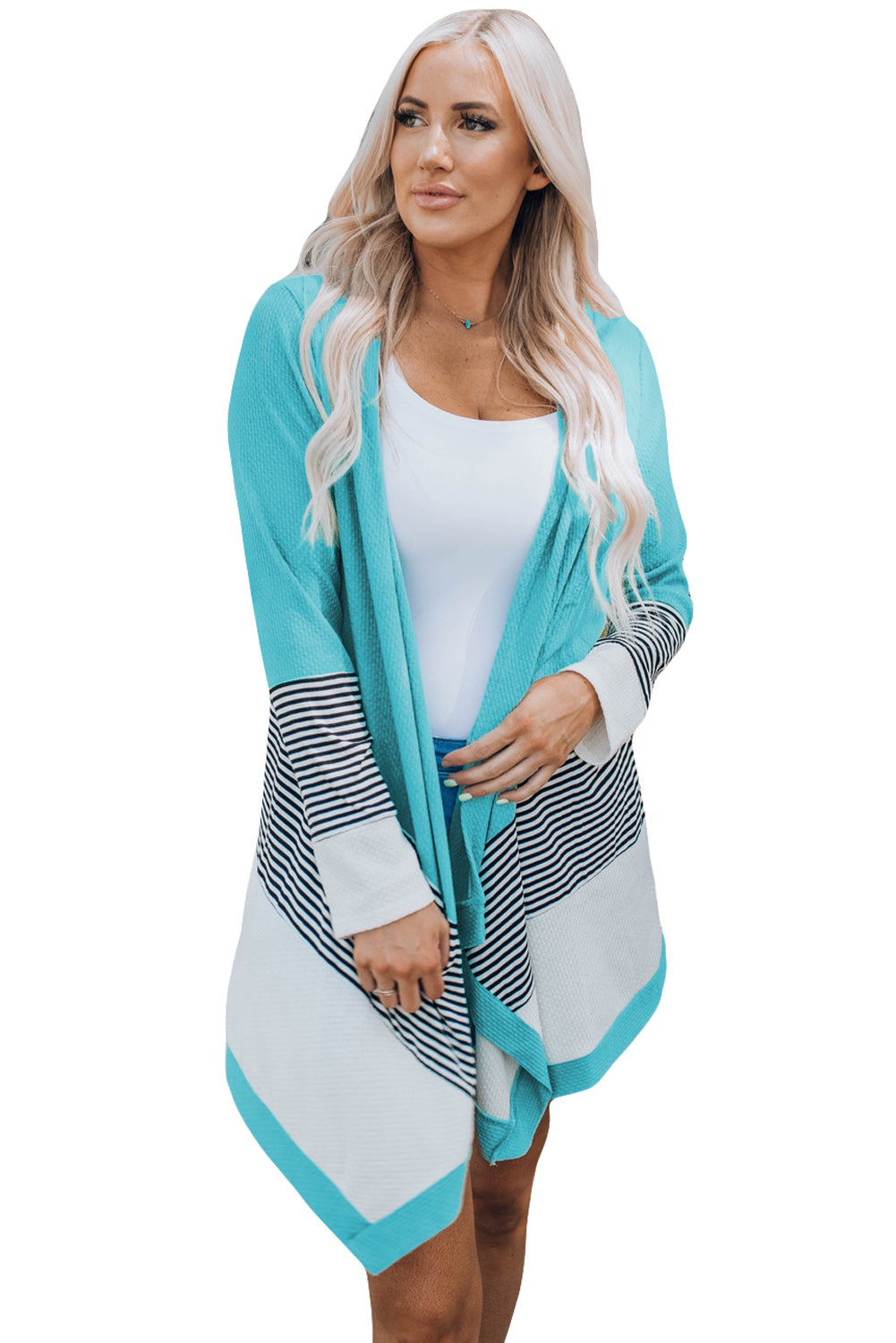 Sky blue loose fit cardigan featuring a striped print and color block design, open front, long sleeves, and an asymmetric hemline.