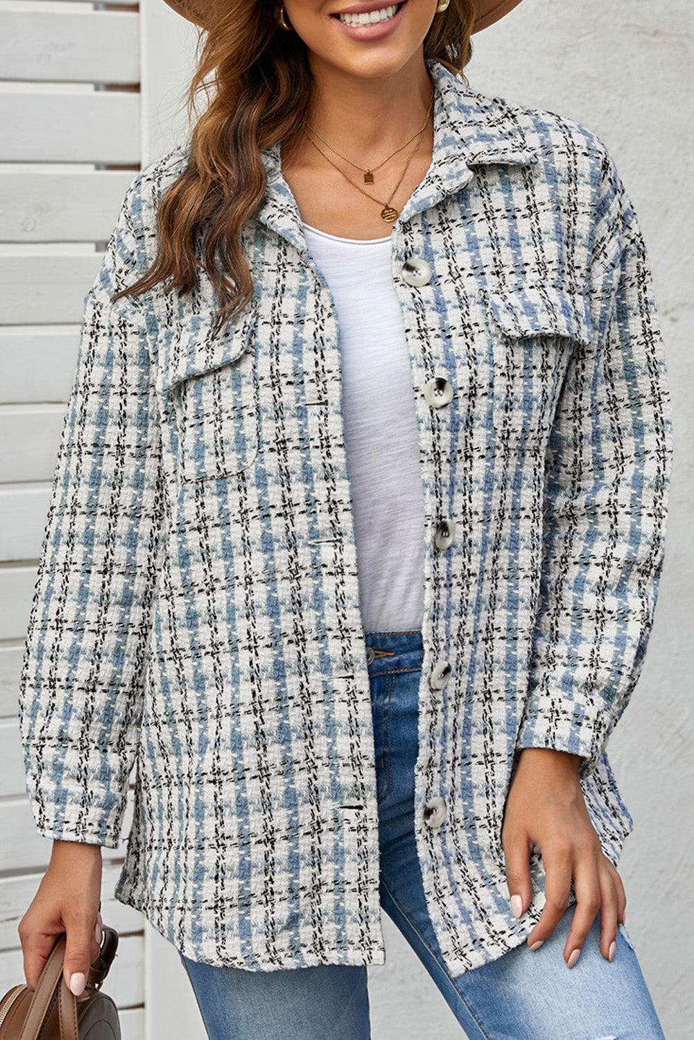 Sky Blue Plaid Print Button Knitted Jacket with Pocket, showcasing its stylish design and soft knitted fabric.