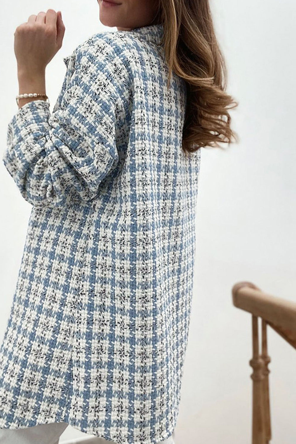 Sky Blue Plaid Print Button Knitted Jacket with Pocket, showcasing its stylish design and soft knitted fabric.