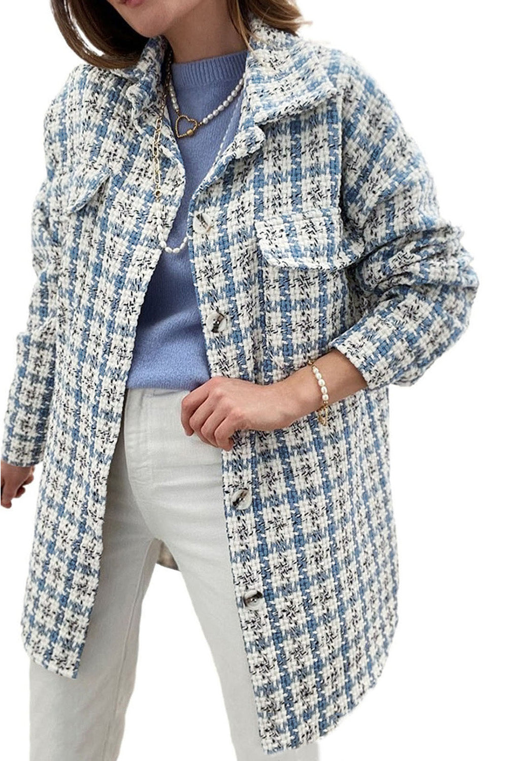 Sky Blue Plaid Print Button Knitted Jacket with Pocket, showcasing its stylish design and soft knitted fabric.