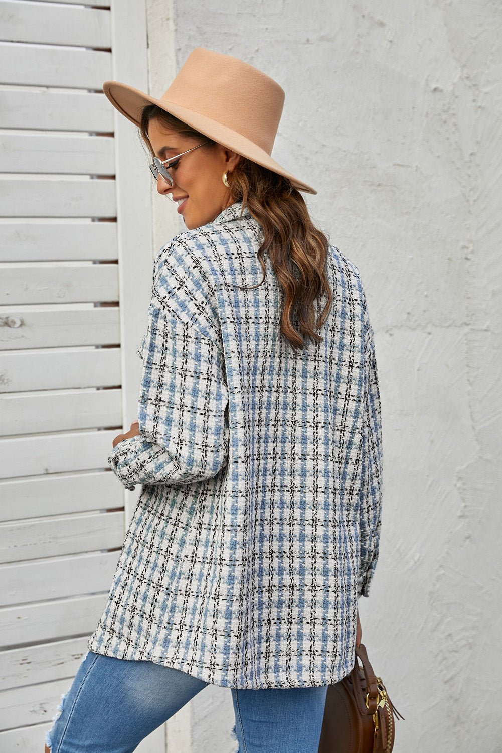 Sky Blue Plaid Print Button Knitted Jacket with Pocket, showcasing its stylish design and soft knitted fabric.