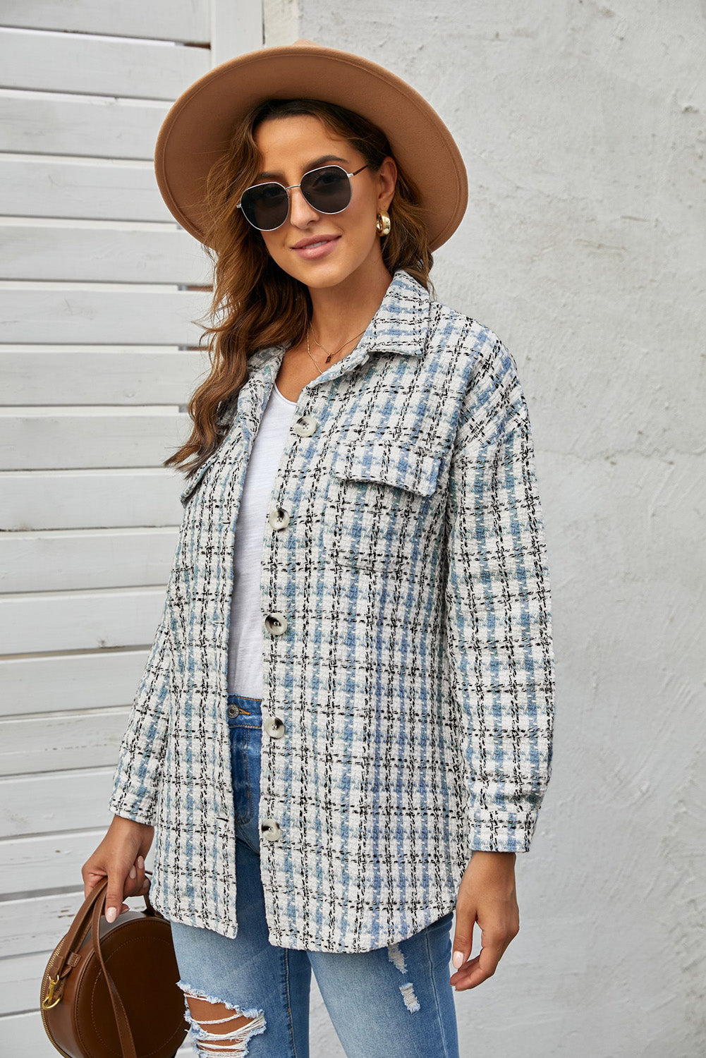 Sky Blue Plaid Print Button Knitted Jacket with Pocket, showcasing its stylish design and soft knitted fabric.