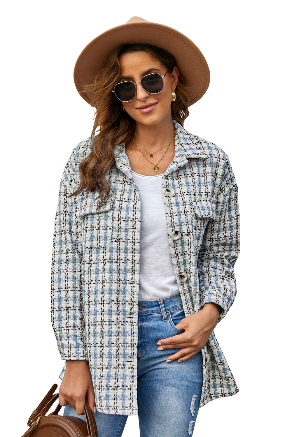 Sky Blue Plaid Print Button Knitted Jacket with Pocket, showcasing its stylish design and soft knitted fabric.