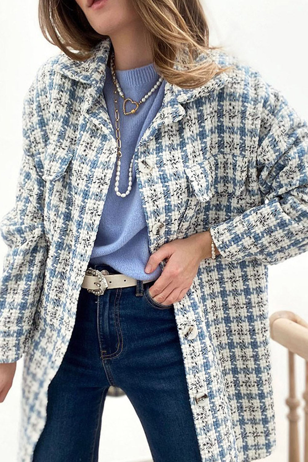 Sky Blue Plaid Print Button Knitted Jacket with Pocket, showcasing its stylish design and soft knitted fabric.