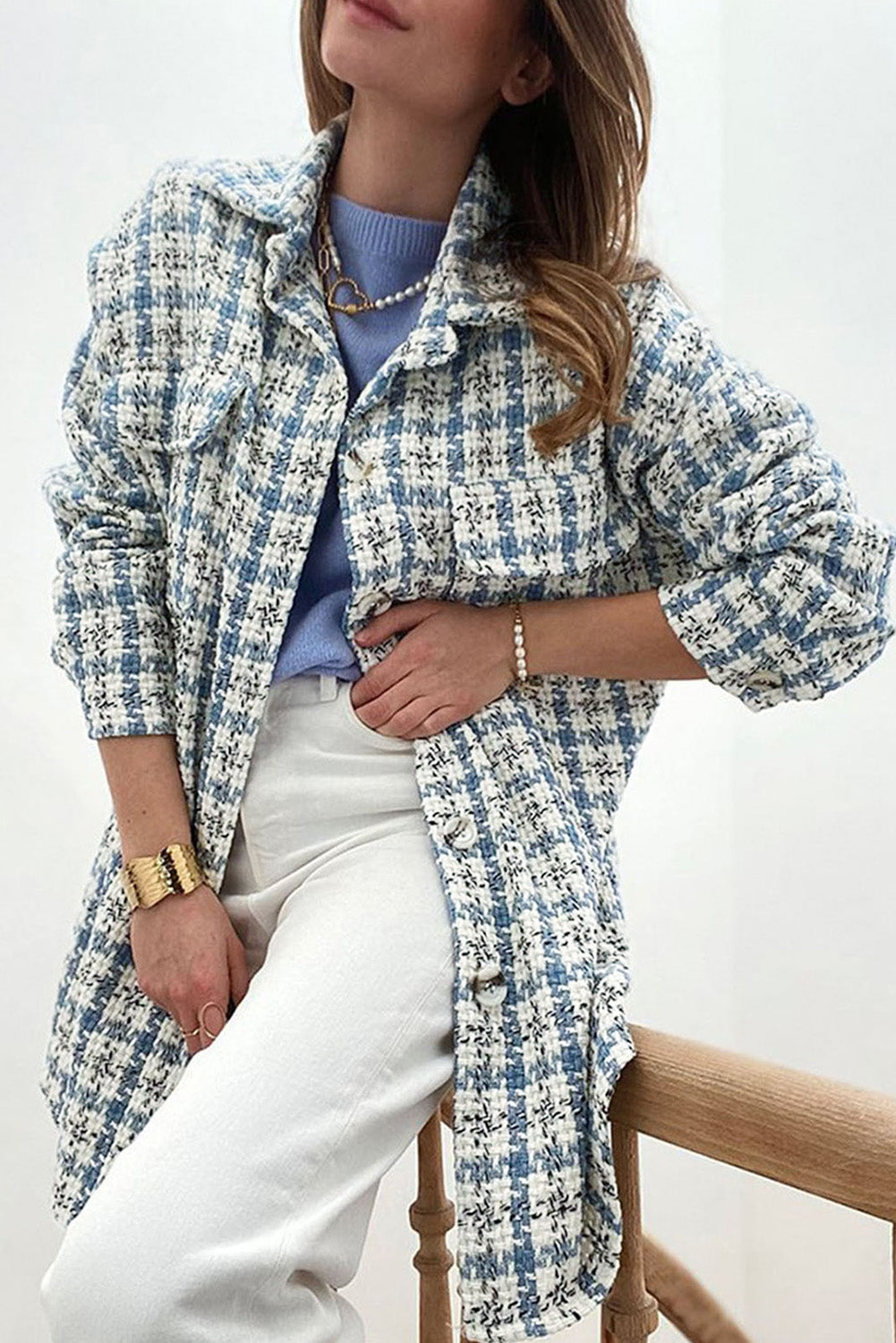 Sky Blue Plaid Print Button Knitted Jacket with Pocket, showcasing its stylish design and soft knitted fabric.