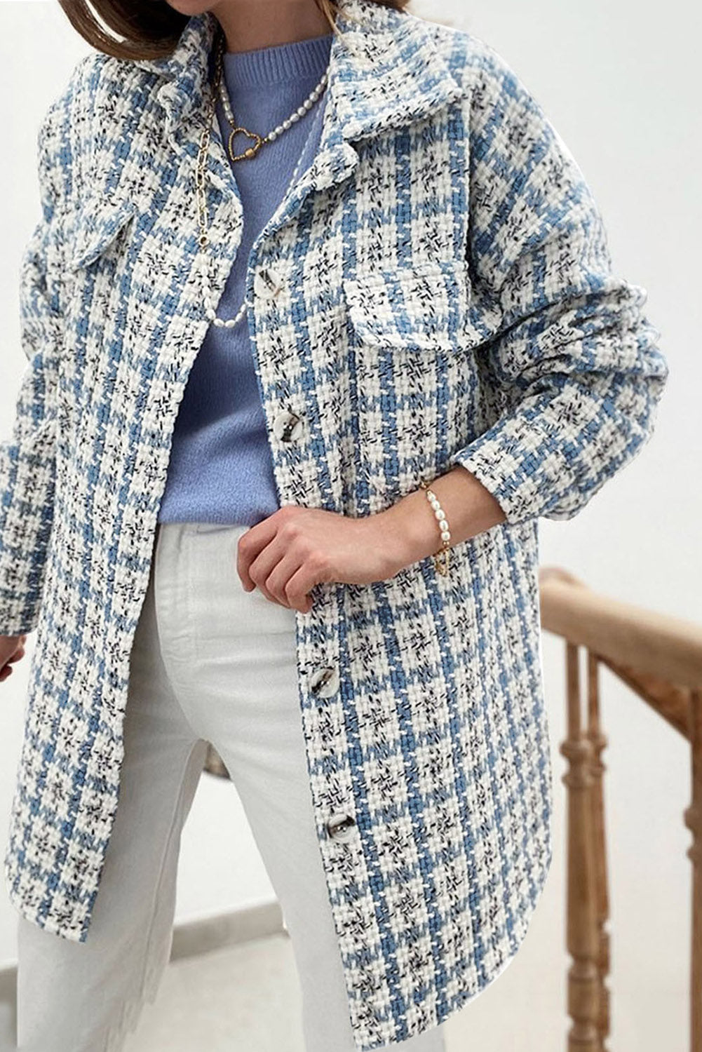 Sky Blue Plaid Print Button Knitted Jacket with Pocket, showcasing its stylish design and soft knitted fabric.