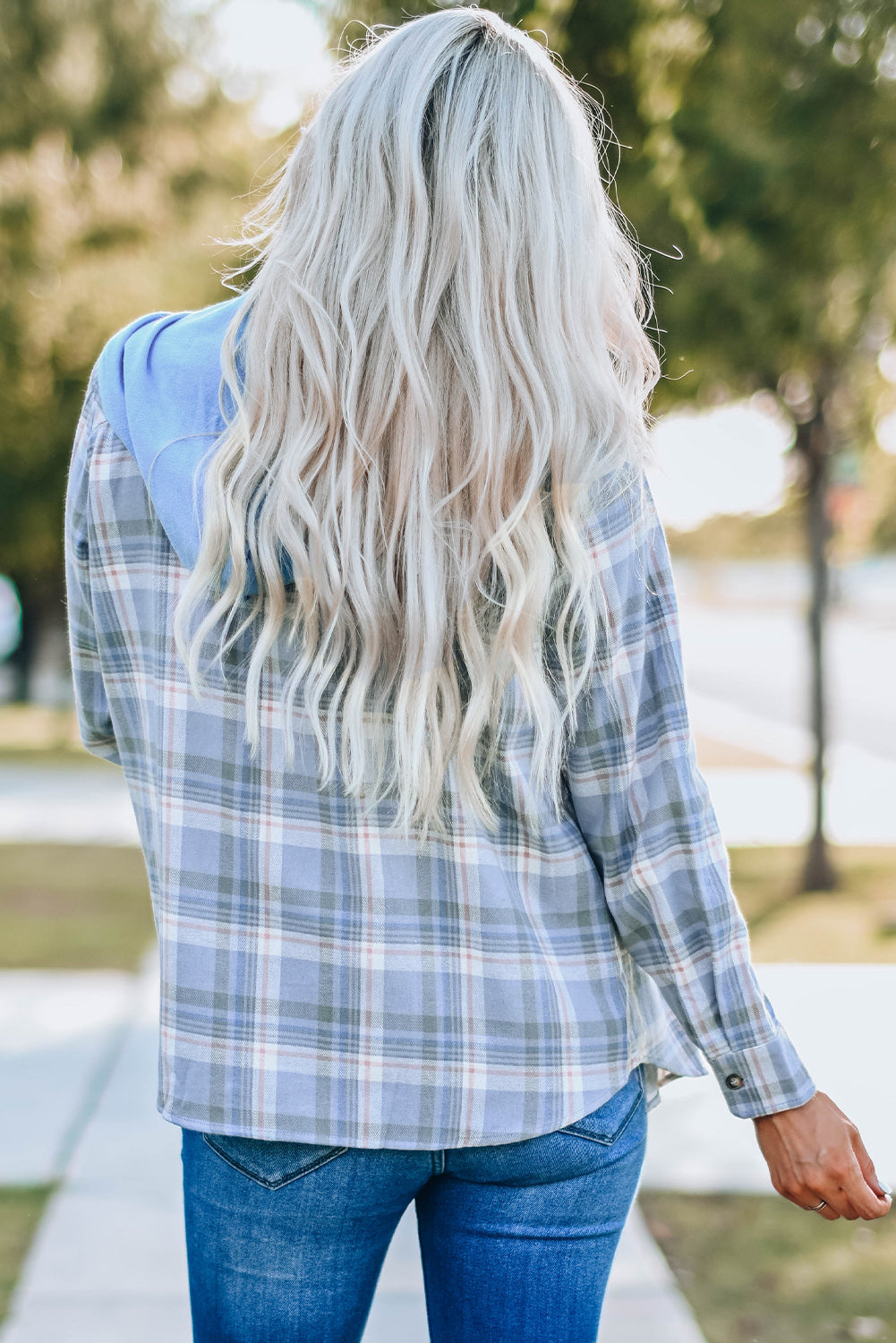 Sky Blue Plaid Print Pocket Drawstring Hooded Jacket displayed on a mannequin, showcasing its stylish design and functional features.