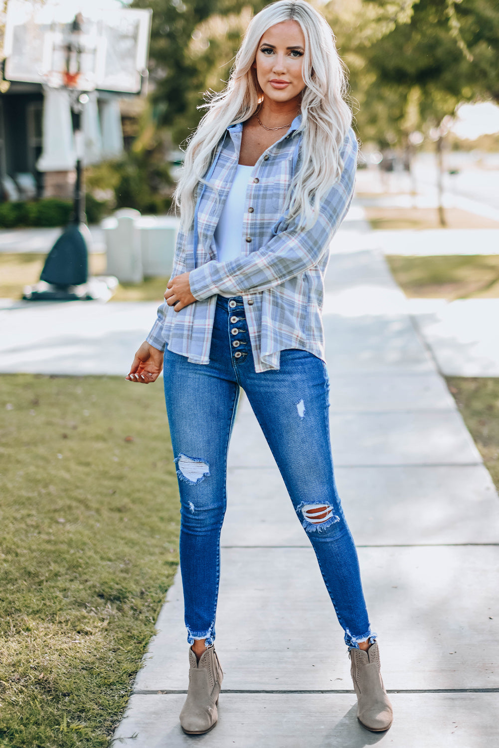 Sky Blue Plaid Print Pocket Drawstring Hooded Jacket displayed on a mannequin, showcasing its stylish design and functional features.