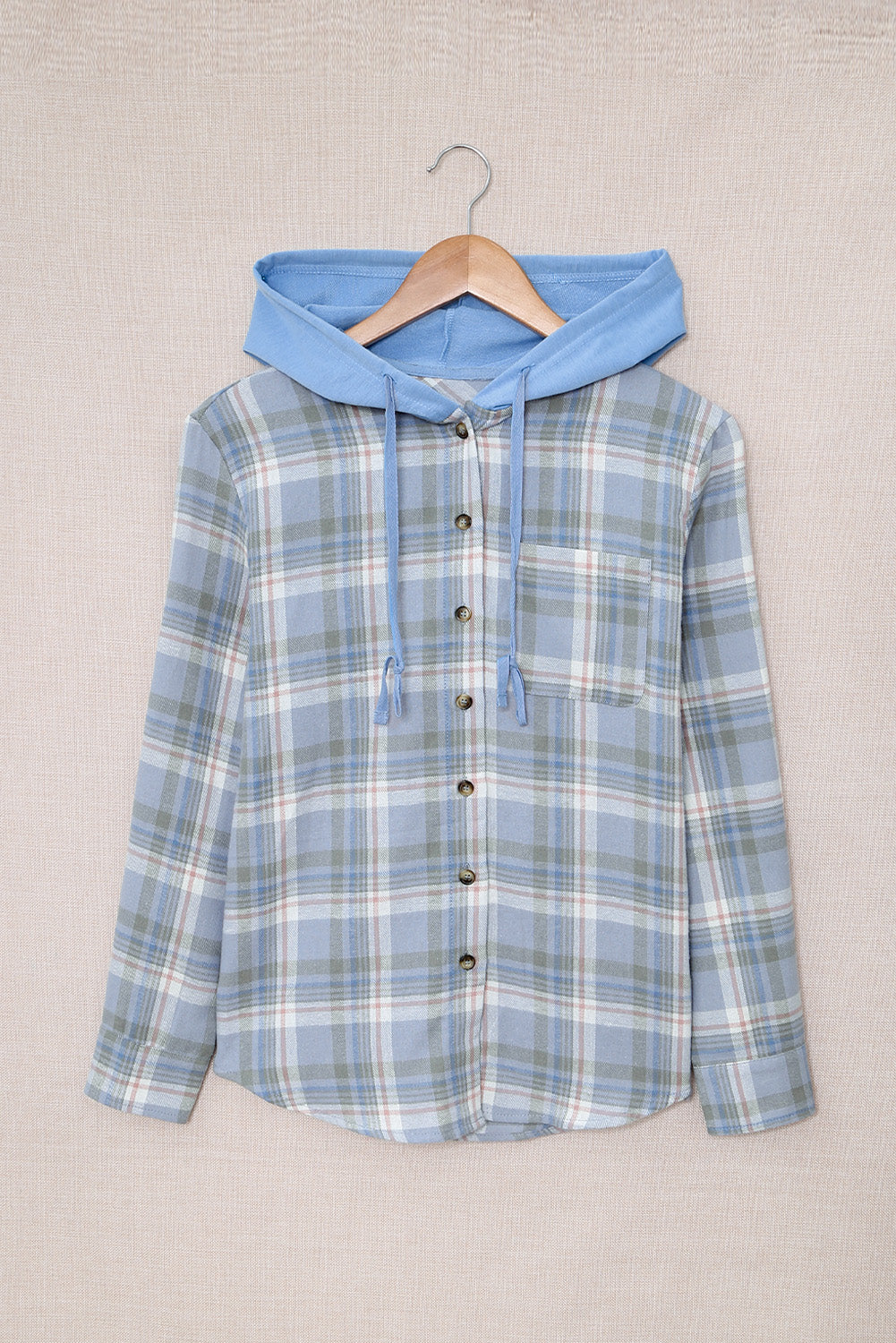 Sky Blue Plaid Print Pocket Drawstring Hooded Jacket displayed on a mannequin, showcasing its stylish design and functional features.