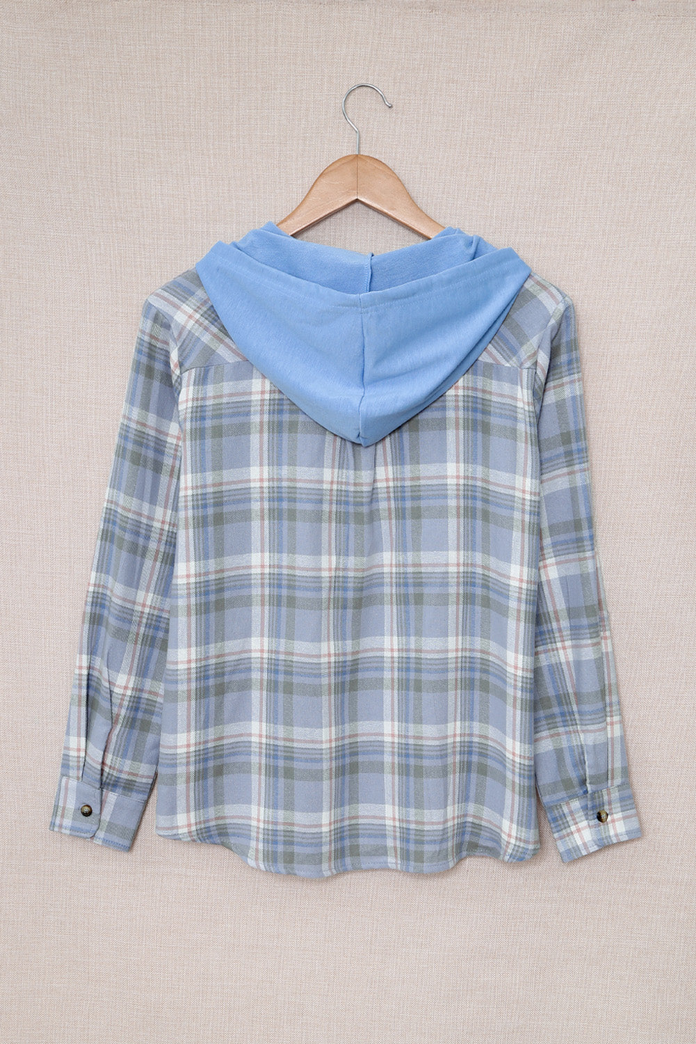 Sky Blue Plaid Print Pocket Drawstring Hooded Jacket displayed on a mannequin, showcasing its stylish design and functional features.