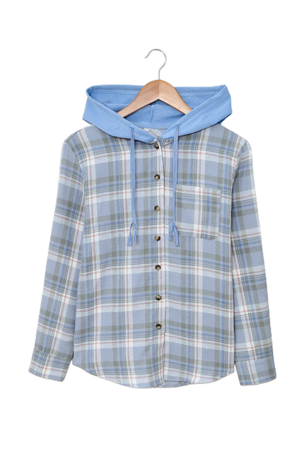 Sky Blue Plaid Print Pocket Drawstring Hooded Jacket displayed on a mannequin, showcasing its stylish design and functional features.