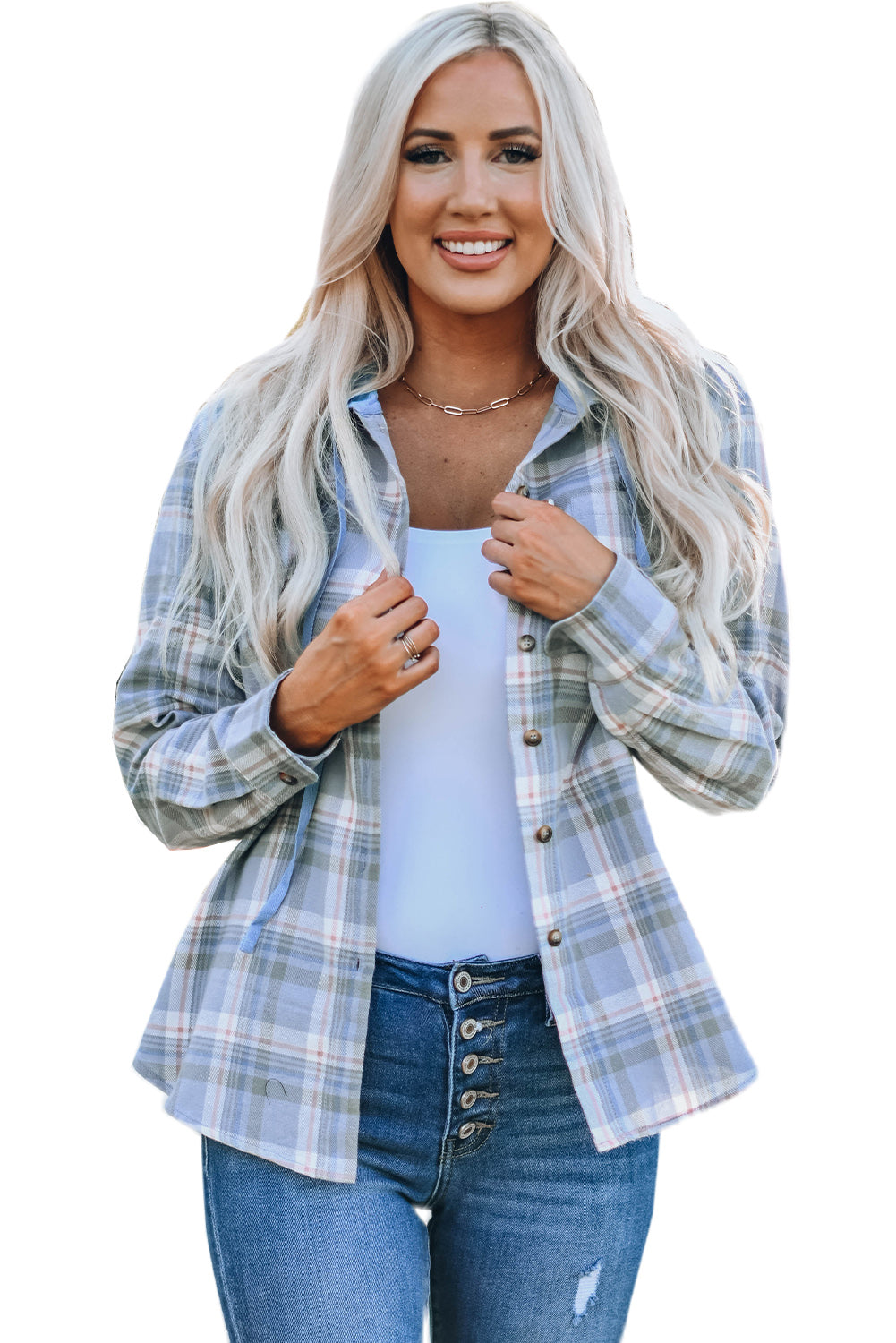 Sky Blue Plaid Print Pocket Drawstring Hooded Jacket displayed on a mannequin, showcasing its stylish design and functional features.