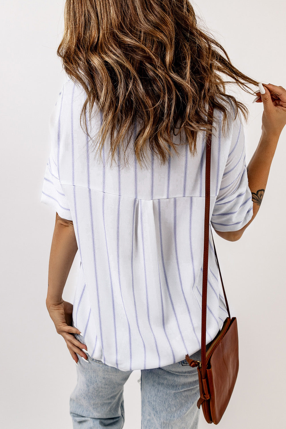 Sky Blue Pocketed Striped Shirt featuring classic stripes, short sleeves, and two bust pockets, perfect for summer wear.