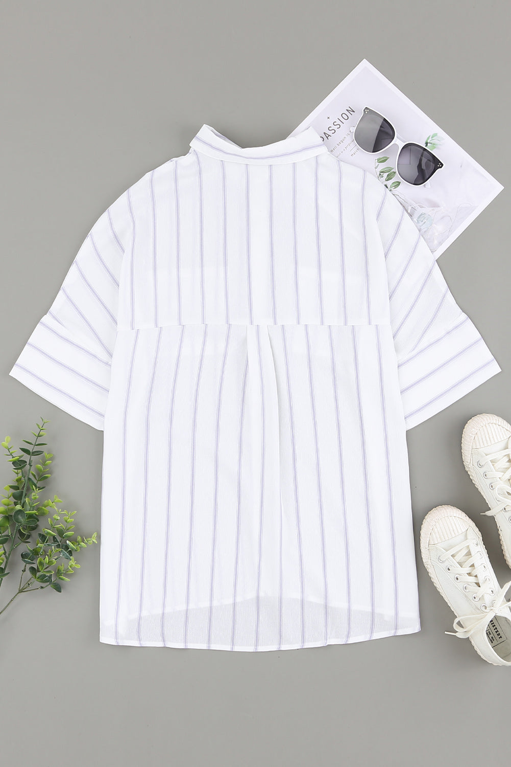 Sky Blue Pocketed Striped Shirt featuring classic stripes, short sleeves, and two bust pockets, perfect for summer wear.