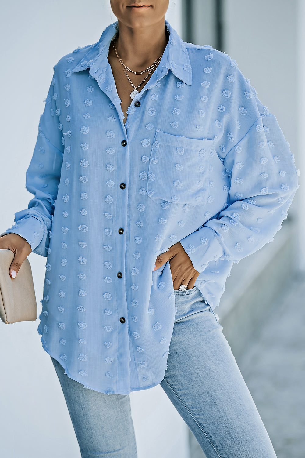 Sky Blue Swiss Dot Buttoned Pocket Long Sleeve Shirt featuring a classic collar and button-down design, perfect for casual and semi-formal wear.