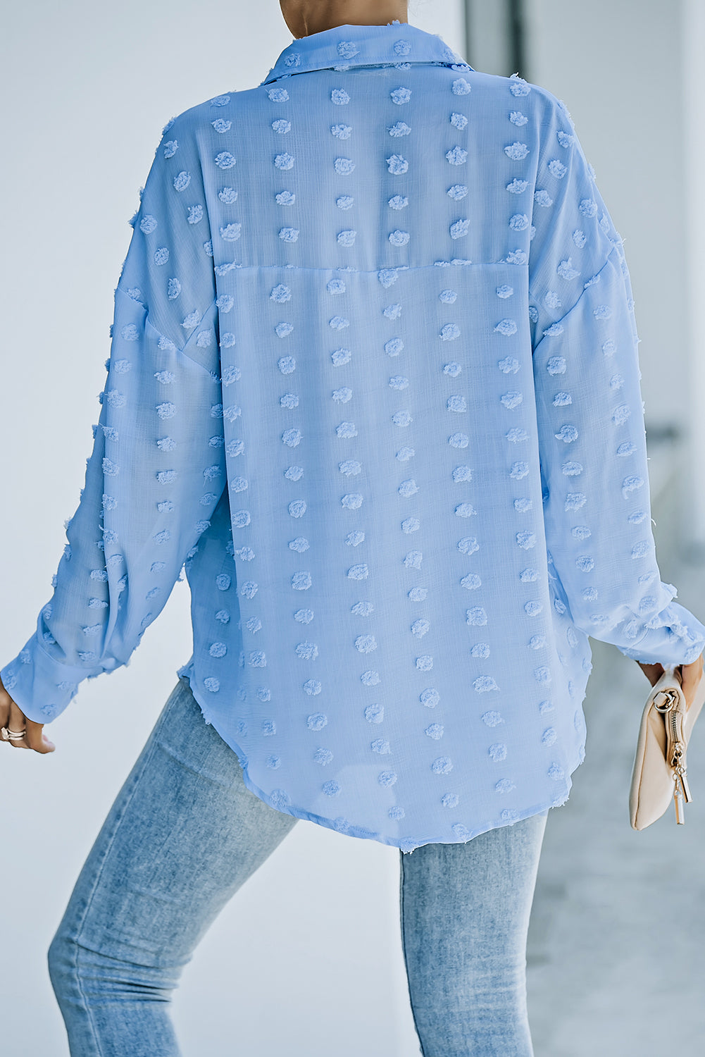 Sky Blue Swiss Dot Buttoned Pocket Long Sleeve Shirt featuring a classic collar and button-down design, perfect for casual and semi-formal wear.