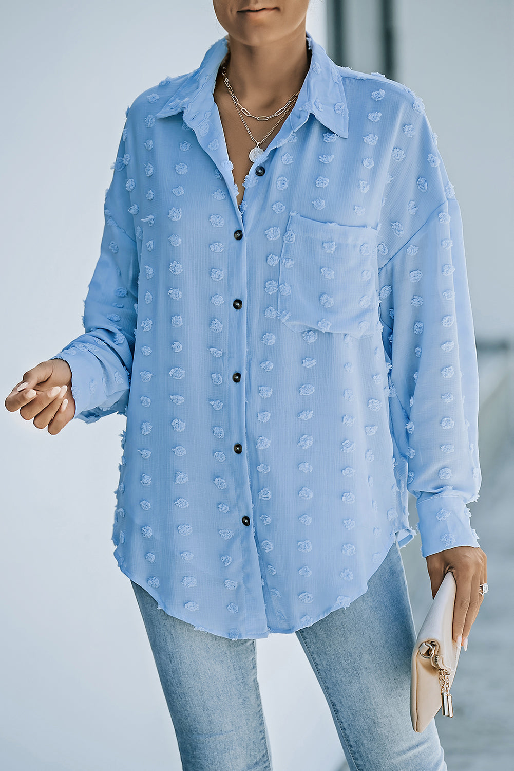 Sky Blue Swiss Dot Buttoned Pocket Long Sleeve Shirt featuring a classic collar and button-down design, perfect for casual and semi-formal wear.