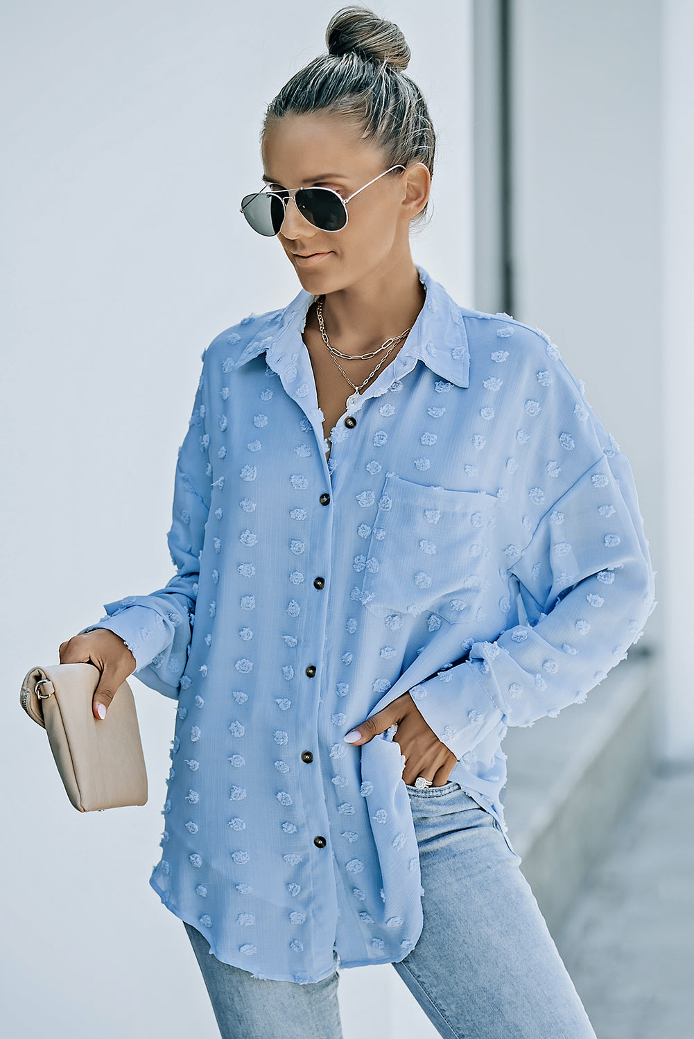 Sky Blue Swiss Dot Buttoned Pocket Long Sleeve Shirt featuring a classic collar and button-down design, perfect for casual and semi-formal wear.