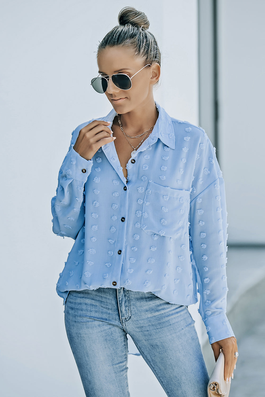 Sky Blue Swiss Dot Buttoned Pocket Long Sleeve Shirt featuring a classic collar and button-down design, perfect for casual and semi-formal wear.