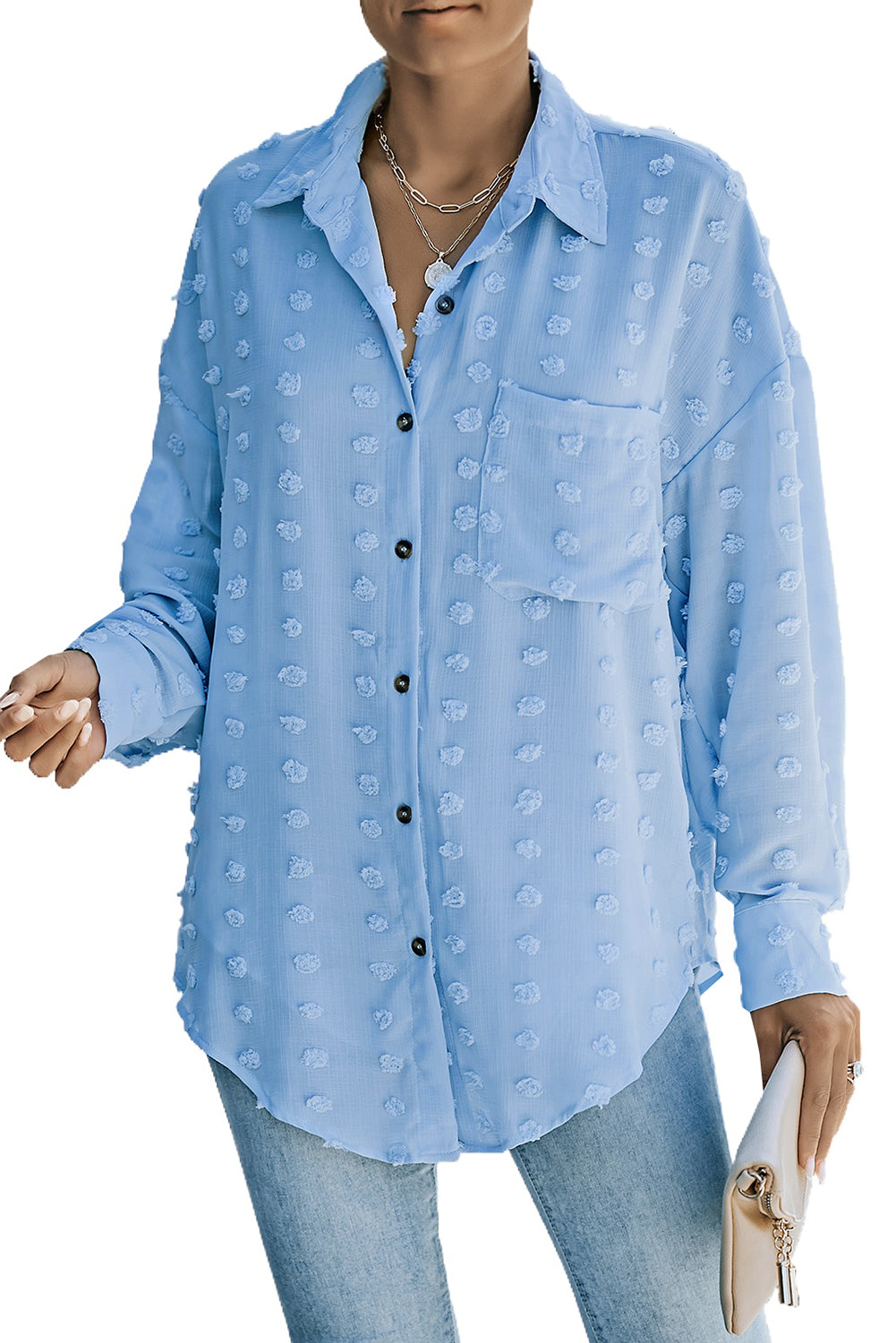 Sky Blue Swiss Dot Buttoned Pocket Long Sleeve Shirt featuring a classic collar and button-down design, perfect for casual and semi-formal wear.