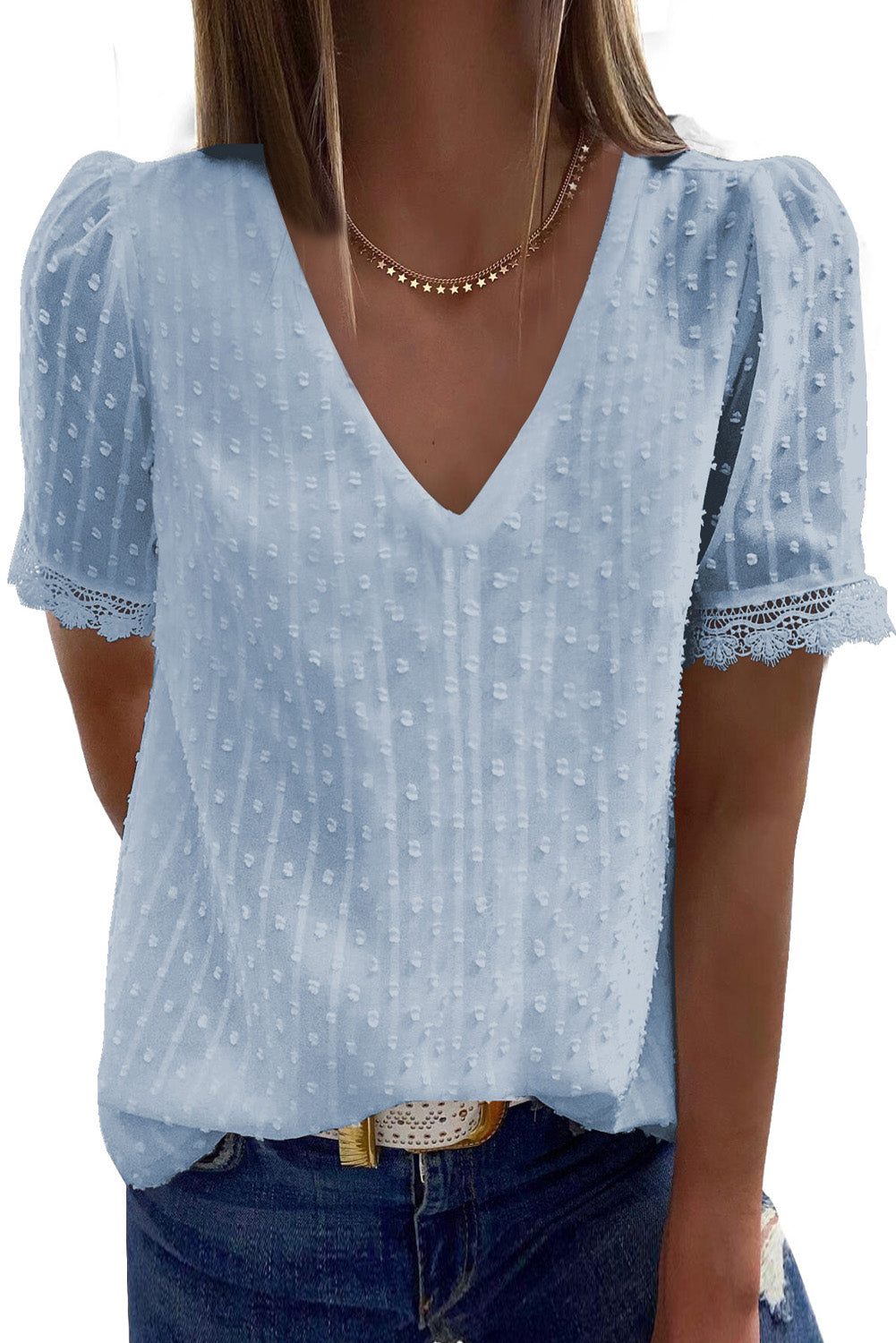 Sky Blue Swiss Dot Lace V Neck Shirt featuring a delicate lace trim and Swiss dot pattern, perfect for elegant casual wear.