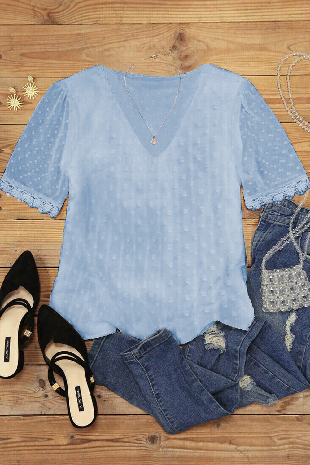 Sky Blue Swiss Dot Lace V Neck Shirt featuring a delicate lace trim and Swiss dot pattern, perfect for elegant casual wear.