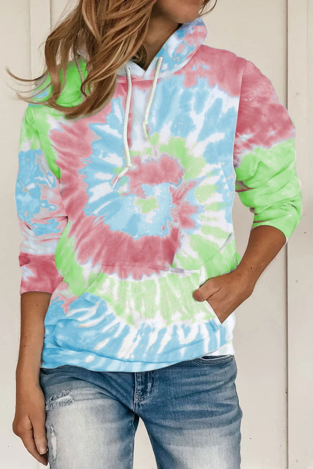 Sky Blue Tie Dye Pattern Hoodie showcasing a vibrant tie dye design with long sleeves, perfect for casual wear.