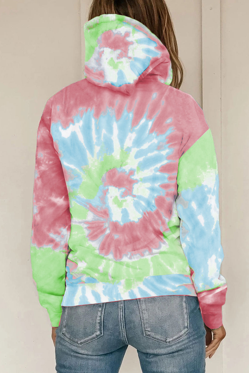 Sky Blue Tie Dye Pattern Hoodie showcasing a vibrant tie dye design with long sleeves, perfect for casual wear.