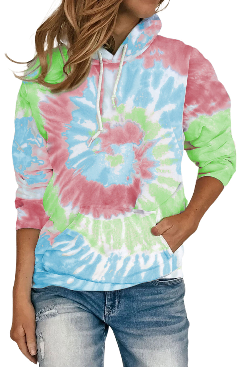 Sky Blue Tie Dye Pattern Hoodie showcasing a vibrant tie dye design with long sleeves, perfect for casual wear.