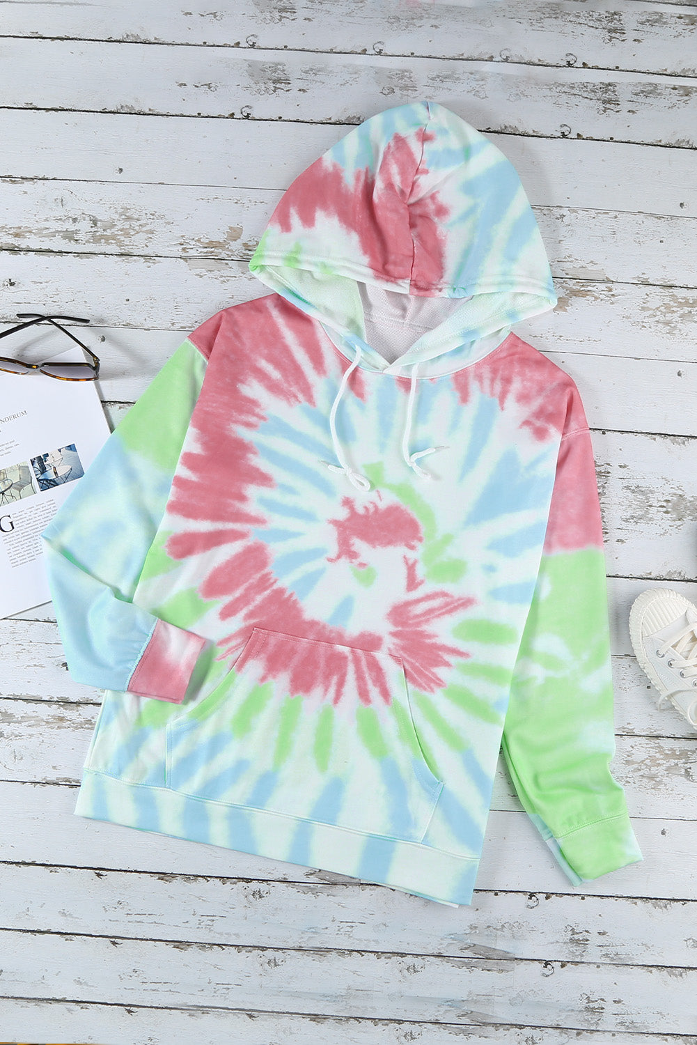 Sky Blue Tie Dye Pattern Hoodie showcasing a vibrant tie dye design with long sleeves, perfect for casual wear.