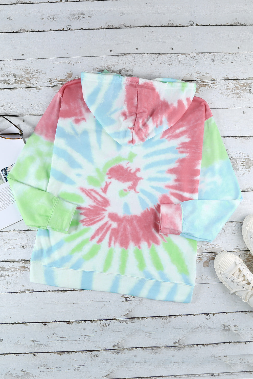 Sky Blue Tie Dye Pattern Hoodie showcasing a vibrant tie dye design with long sleeves, perfect for casual wear.