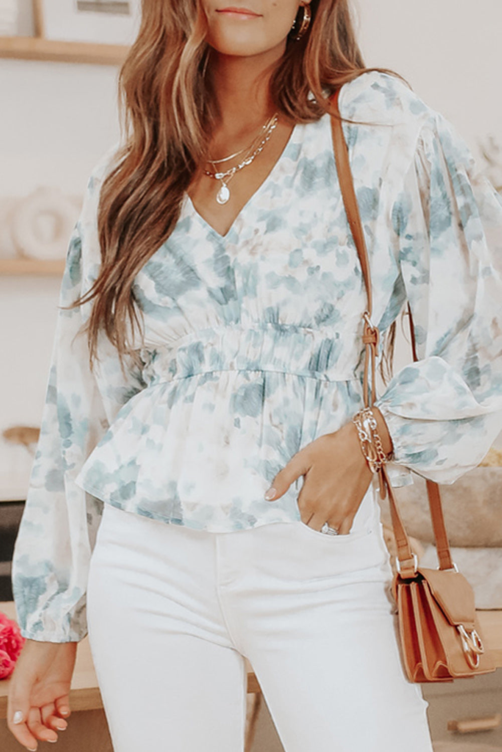 Sky Blue V Neck Tie-dye Peplum Top featuring a flattering V-neckline and long dropped sleeves, perfect for stylish casual wear.