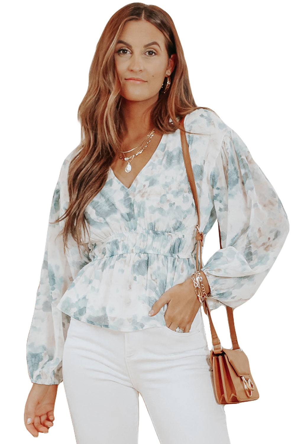 Sky Blue V Neck Tie-dye Peplum Top featuring a flattering V-neckline and long dropped sleeves, perfect for stylish casual wear.