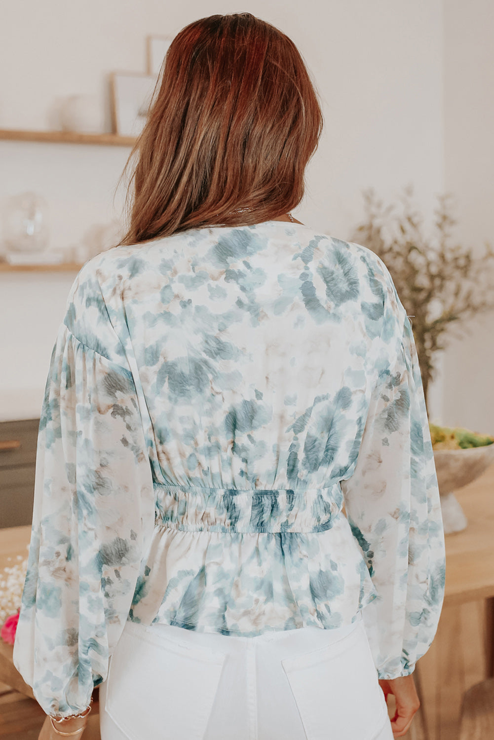 Sky Blue V Neck Tie-dye Peplum Top featuring a flattering V-neckline and long dropped sleeves, perfect for stylish casual wear.