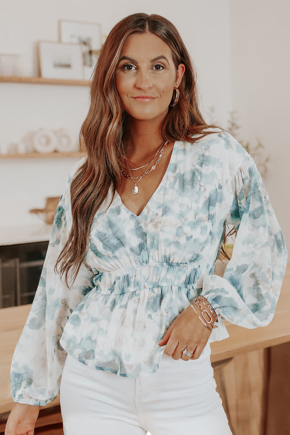 Sky Blue V Neck Tie-dye Peplum Top featuring a flattering V-neckline and long dropped sleeves, perfect for stylish casual wear.