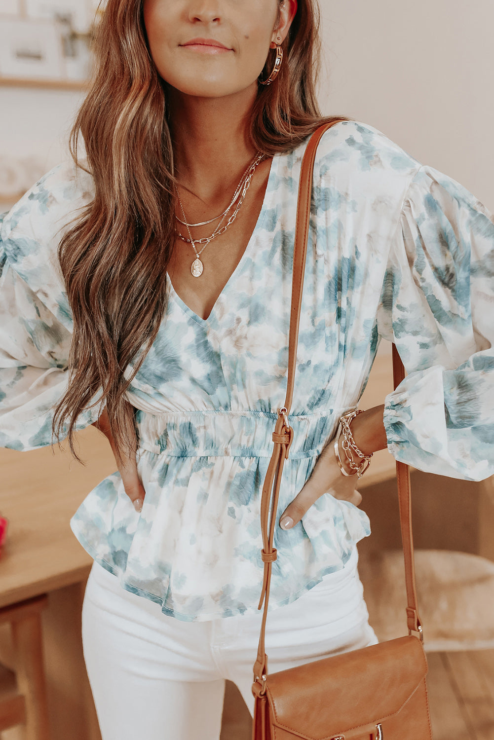 Sky Blue V Neck Tie-dye Peplum Top featuring a flattering V-neckline and long dropped sleeves, perfect for stylish casual wear.