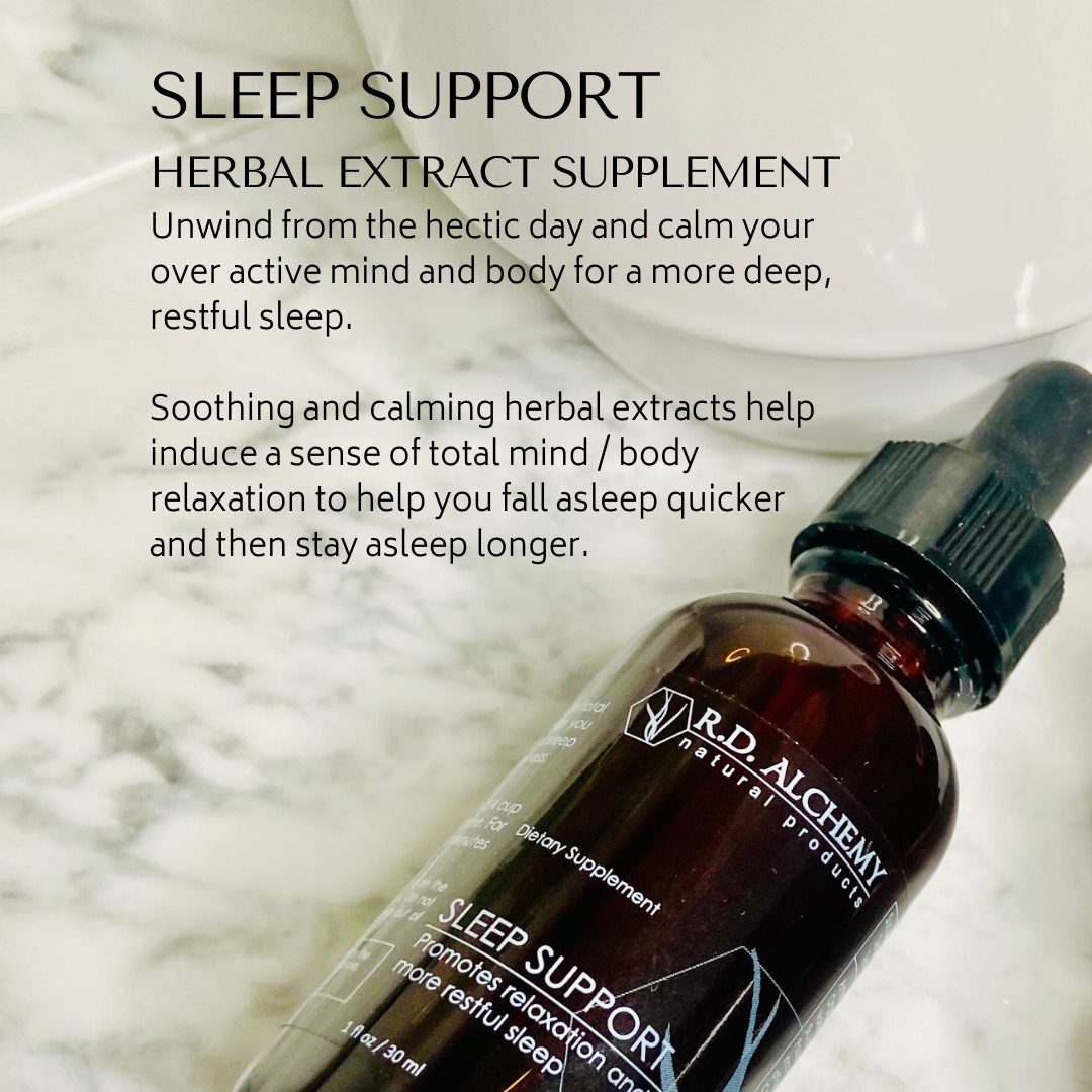 A 1 fl oz bottle of Sleep Support Extract with calming herbal ingredients for better sleep.