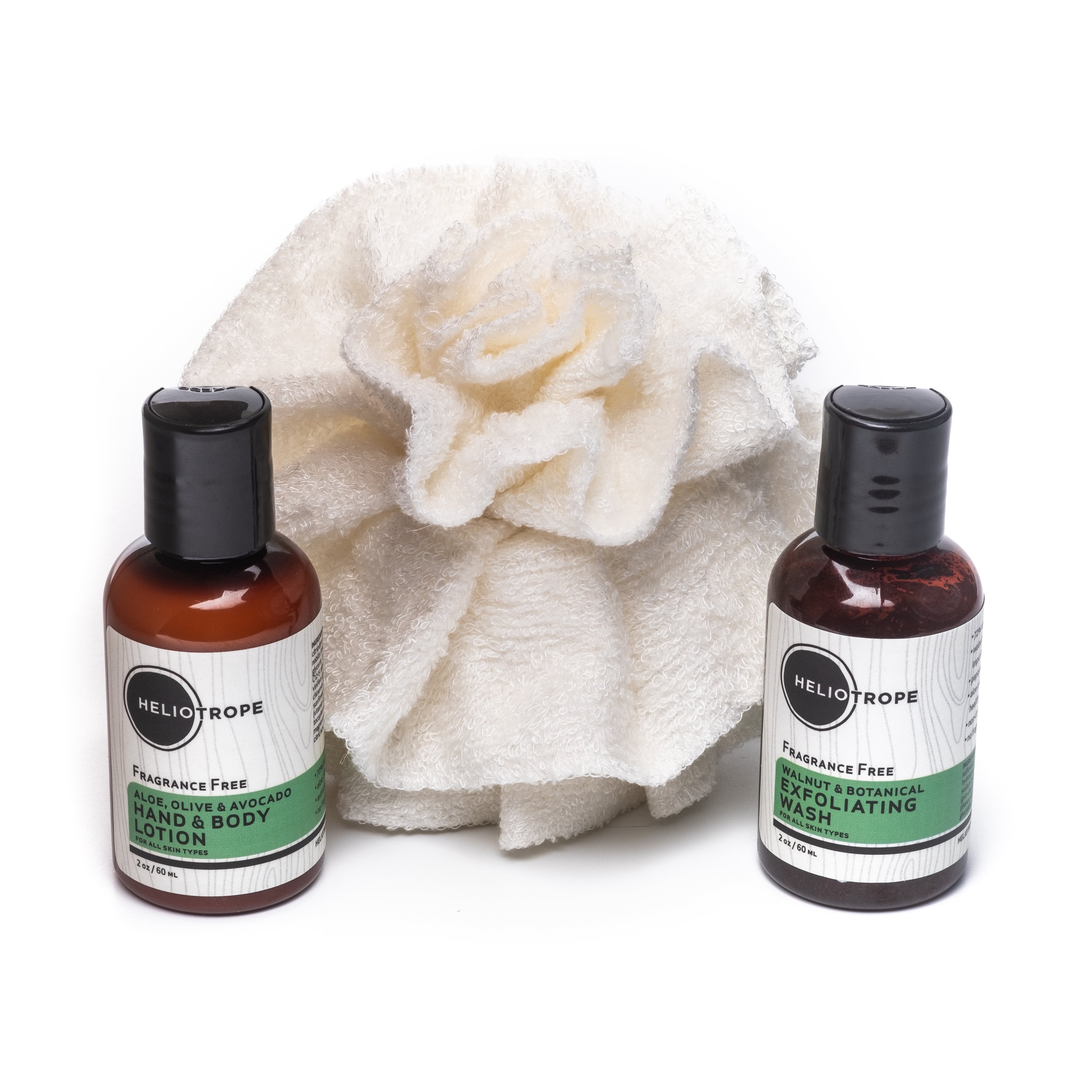 Small Body Care Box featuring shower gel, lotion, and scrubber sponge, ideal for travel and gifting.