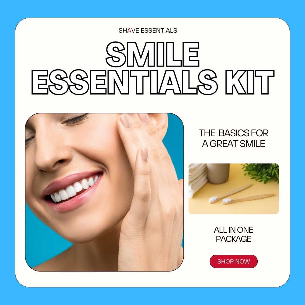 Smile Essentials Kit featuring bamboo toothbrush, compostable floss picks, and natural toothpaste in mint and watermelon flavors.