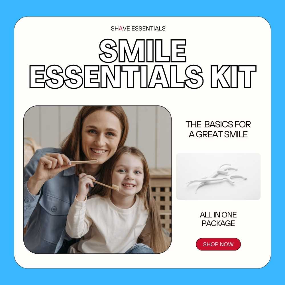 Smile Essentials Kit featuring bamboo toothbrush, compostable floss picks, and natural toothpaste in mint and watermelon flavors.