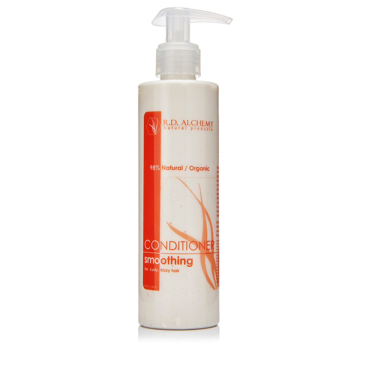 A bottle of Smoothing Conditioner designed for frizzy and curly hair, featuring a sleek design and a label highlighting its silicone-free formula.