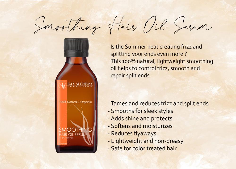 A bottle of Smoothing Hair Oil Serum with a sleek design, showcasing its nourishing properties for frizzy hair.