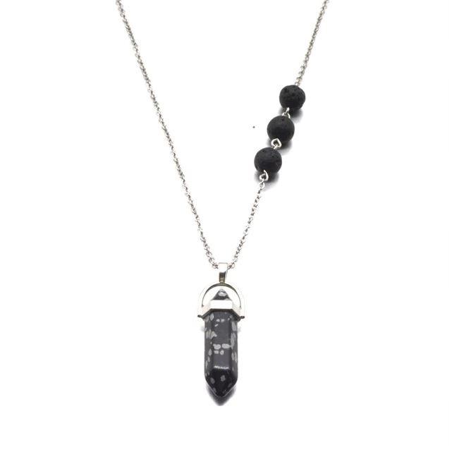 Snowflake Obsidian Black Crystal Lava Stone Necklace featuring black and white patterns, ideal for essential oil diffusion.