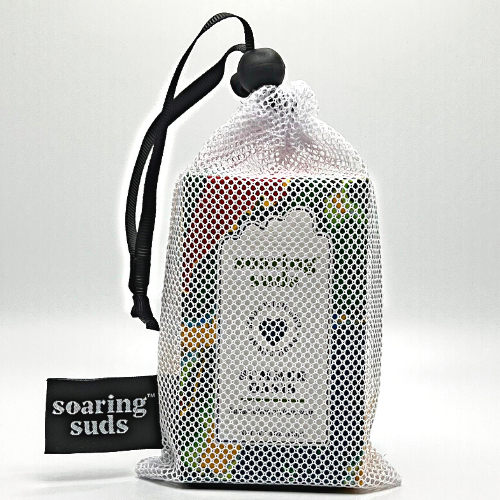 A Soap Saver Sack made of durable mesh material, designed to hold soap bars and conditioner bars for longer-lasting use.