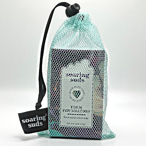 A Soap Saver Sack made of durable mesh material, designed to hold soap bars and conditioner bars for longer-lasting use.